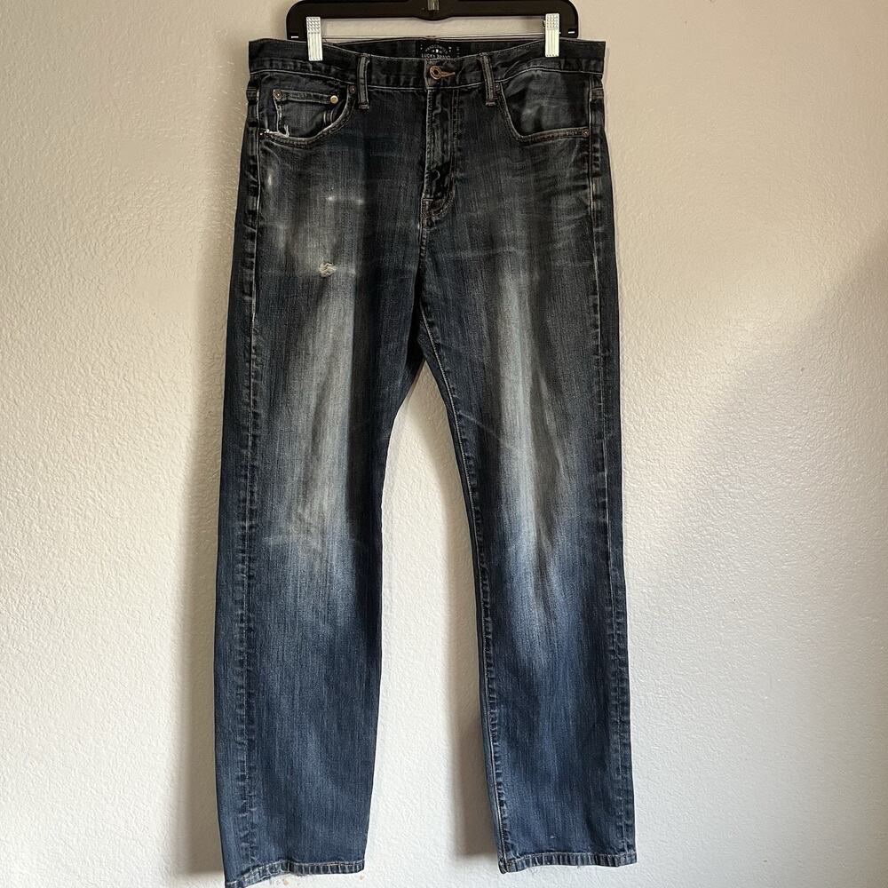 Lucky Brand 221 Straight Jeans Men’s 34/32 Blue Distressed Casual Skater Stretch